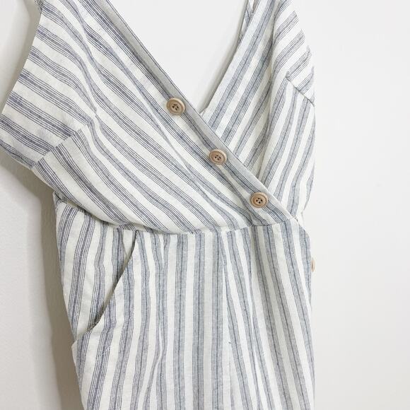 Lunik Small S Blue Cream Striped Button Detail Romper Cotton Blend VNeck Pockets - Picture 3 of 11